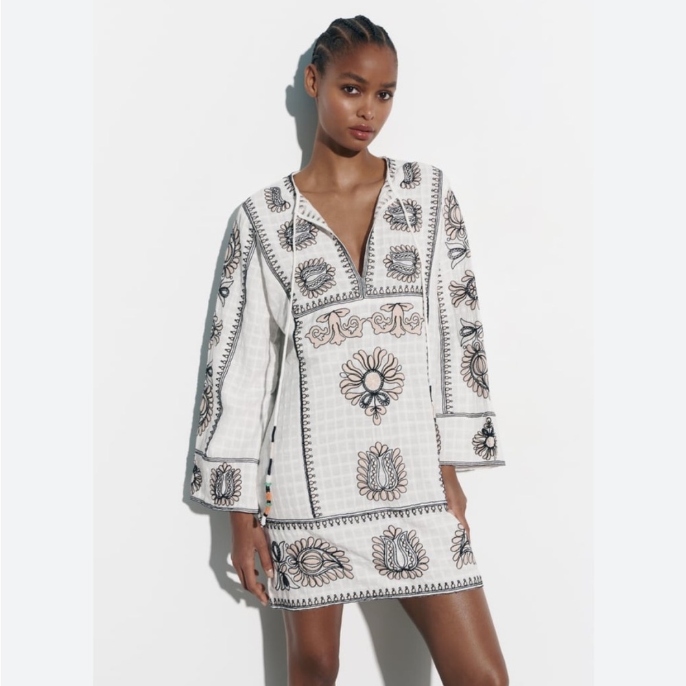 Zara embroidered white black shift dress NWT